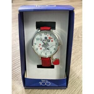 Disney 100 Minnie Mouse Kids Watch Red Band Heart Charm Casual‎